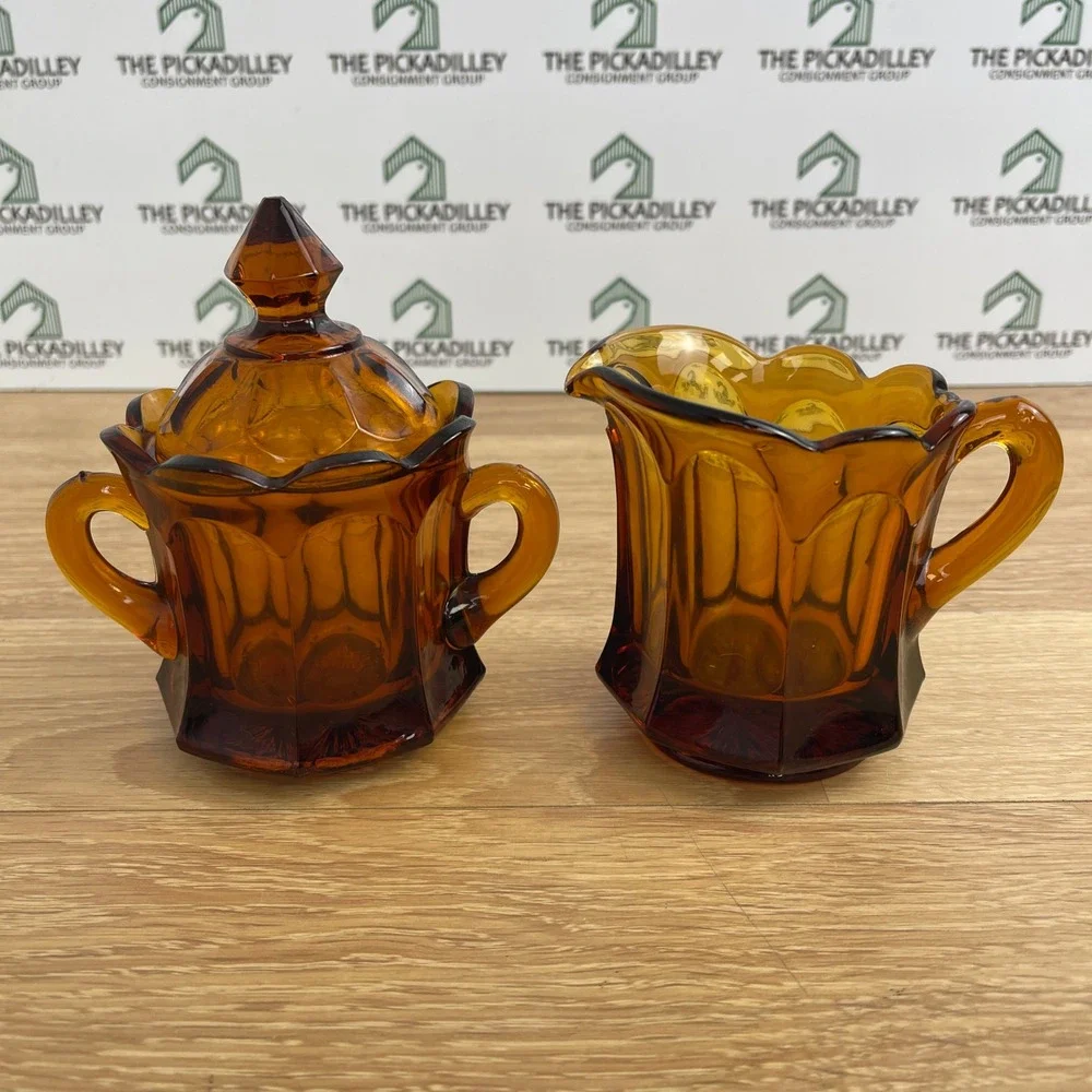 Vintage Amber Glass Cream and Sugar Set Paneled Scalloped MCM Retro Orange Glass